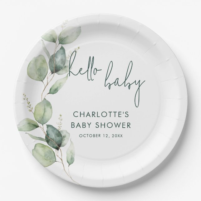 Eucalyptus Botanical Script Baby Shower Paper Plates (Front)
