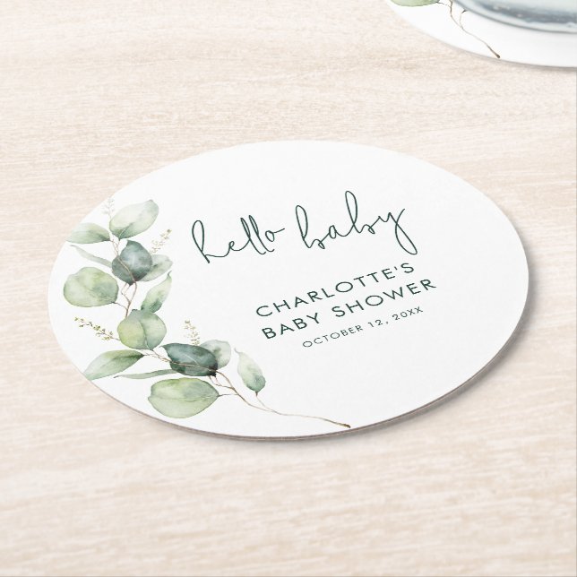 Eucalyptus Botanical Script Baby Shower Round Paper Coaster (Angled)