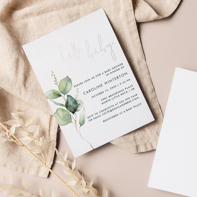 Eucalyptus Botanical Script Baby Shower Silver Foil Invitation (Hello Baby Eucalyptus Baby Shower Invitation)