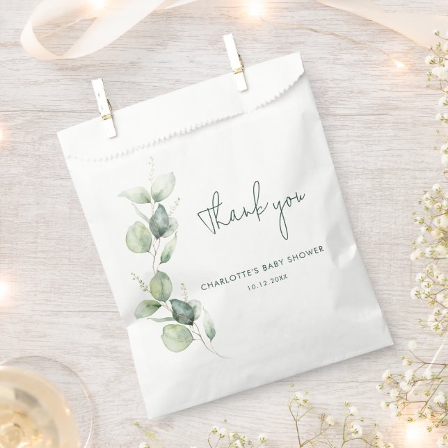 Eucalyptus Botanical Script Baby Shower Thank You Favor Bag (Clipped)