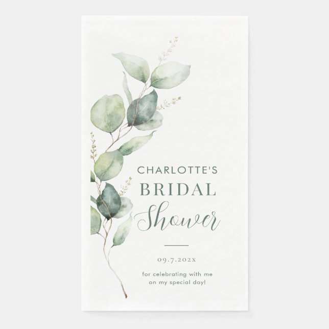 Eucalyptus Botanical Script Bridal Shower Paper Guest Towels (Front)