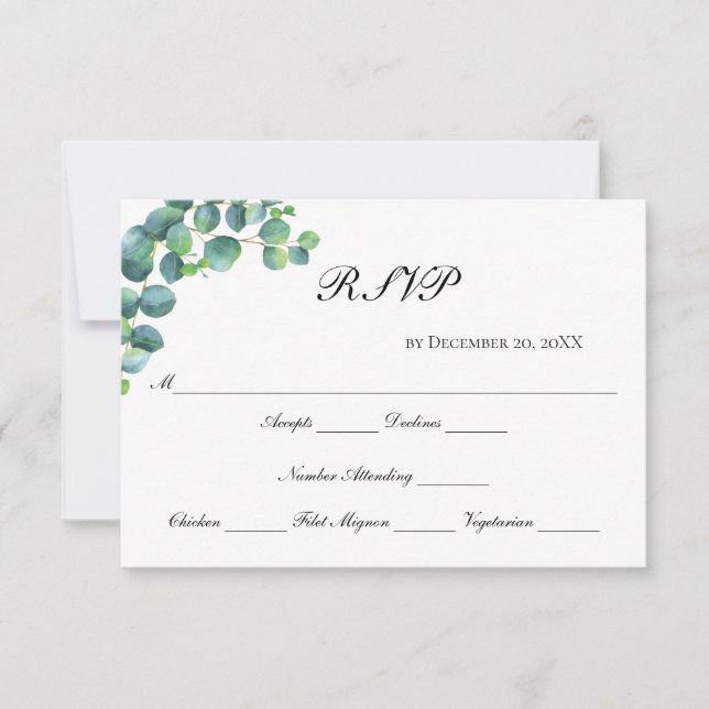Eucalyptus Botanical Script Modern Elegant Wedding RSVP Card (Front)