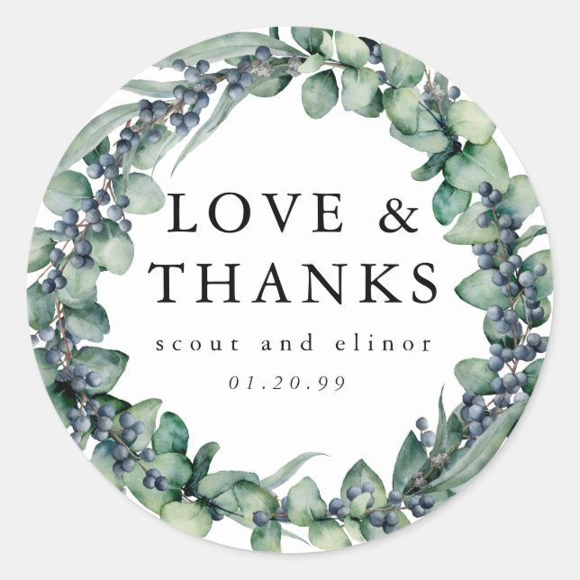 Eucalyptus Botanical Wedding Favor Classic Round Sticker (Front)