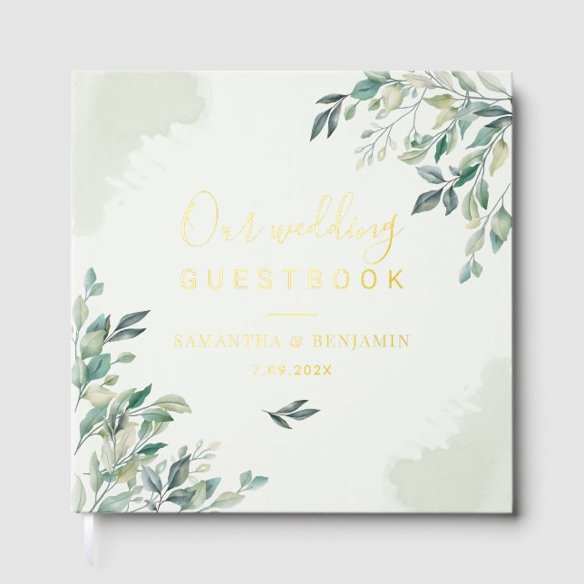 Eucalyptus Botanical Wedding Gold Foil Guest Book (Front)