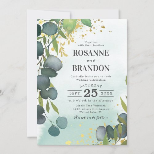 Eucalyptus Botanical Wedding Invitation - Dreamy romantic wedding invitations featuring a rustic faded watercolor washed out backdrop, elegant green botanical leaves, splashes of faux gold foil, and a simple wedding template that is easy to personalize.