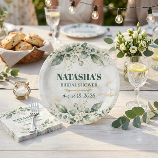 Eucalyptus Botanical White Rose Bridal Shower Pape Paper Plates