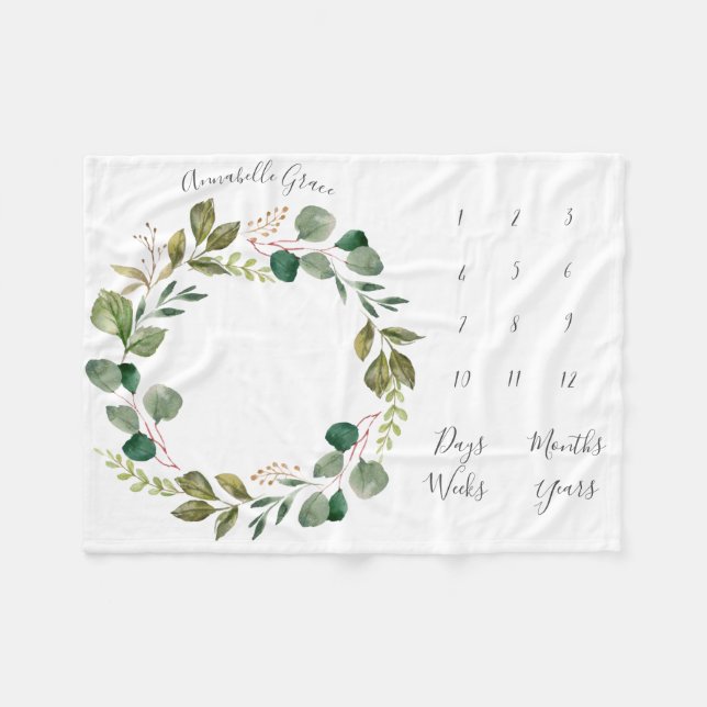 Eucalyptus Botanical Wreath Monthly Baby Milestone Fleece Blanket (Front (Horizontal))
