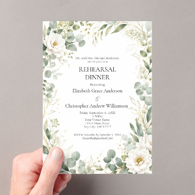 Eucalyptus Botanicals White Rose Rehearsal Dinner  Acrylic Invitations (Insitu (Handheld))