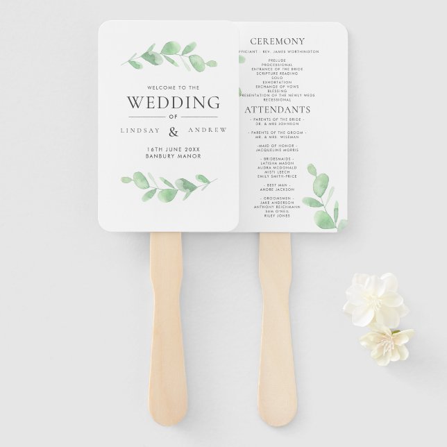 Eucalyptus Bough Wedding Program Hand Fan (Front and Back)