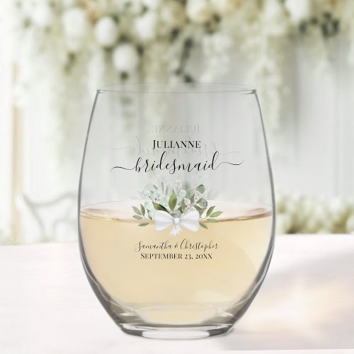 Eucalyptus Bouquet Bridesmaid Maid of Honor Gift Stemless Wine Glass