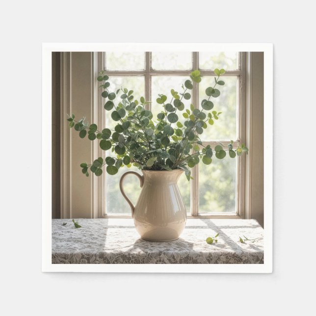 Eucalyptus Bouquet On Lace Tablecloth Napkins (Front)
