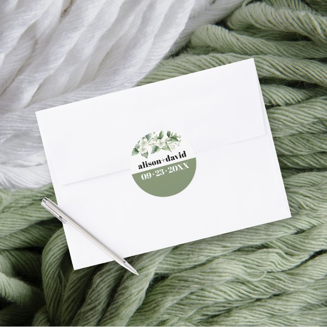 Eucalyptus branch and flowers, typography wedding classic round sticker (Creator Uploaded)