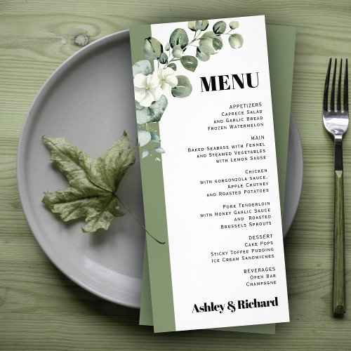 Eucalyptus branch and flowers wedding menu card