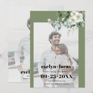 Eucalyptus branch and white flowers photo wedding save the date