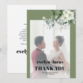 Eucalyptus branch and white flowers photo wedding thank you card