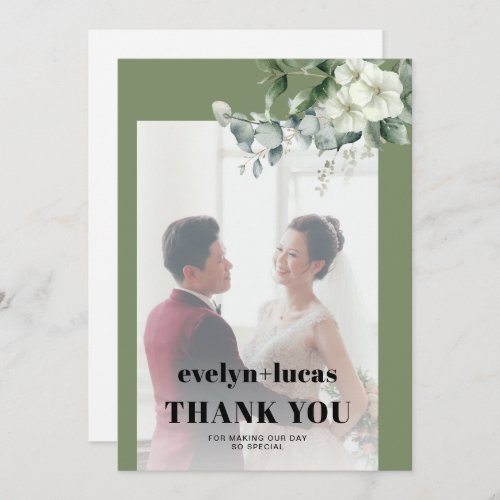 Eucalyptus branch and white flowers photo wedding thank you card