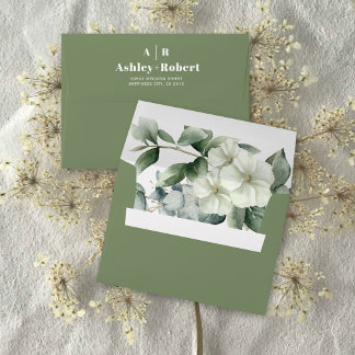 Eucalyptus branch and white flowers wedding envelope