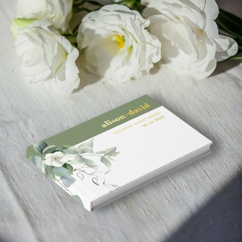 Eucalyptus branch and white flowers wedding foil guest book