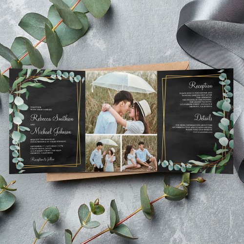 Eucalyptus Branch Black Gold Photo Collage Wedding Tri_Fold Invitation