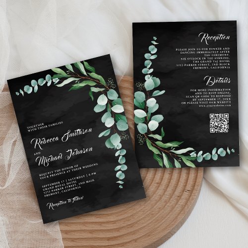 Eucalyptus Branch Charcoal Black QR Code Wedding Invitation