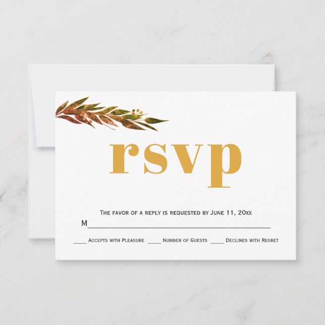 Eucalyptus branch, fall colors wedding RSVP card (Front)