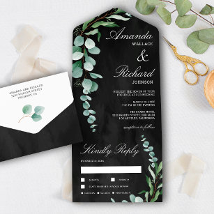 Eucalyptus Branch Foliage Charcoal Grey Wedding All In One Invitation