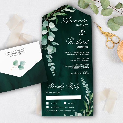 Eucalyptus Branch Foliage Emerald Green Wedding All In One Invitation