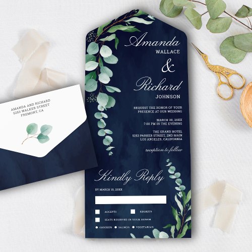Eucalyptus Branch Foliage Navy Blue Wedding All In One Invitation