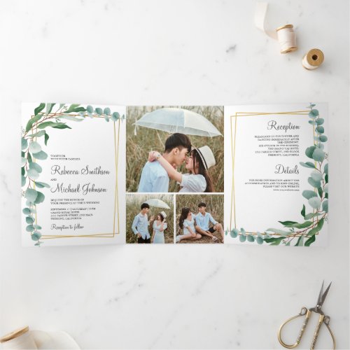 Eucalyptus Branch Gold Frame Photo Collage Wedding Tri_Fold Invitation