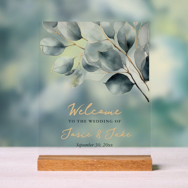 Eucalyptus branch green and gold welcome sign (Neutral)