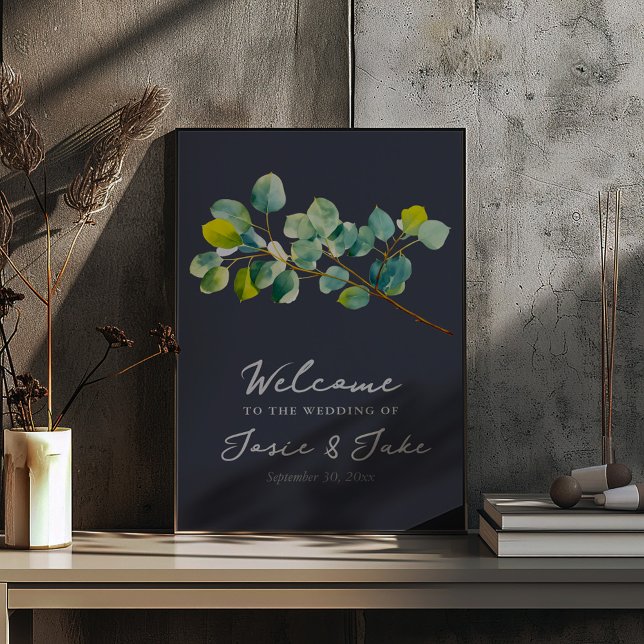 Eucalyptus branch green dark wedding welcome sign (Eucalyptus branch wedding welcome sign with elegant script on a dark background.)