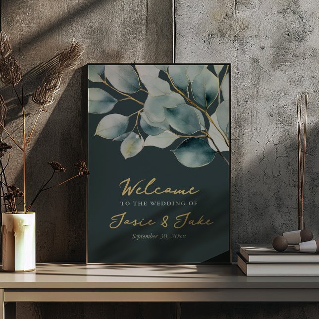 Eucalyptus branch green wedding welcome sign (Delicate eucalyptus branches in vibrant shades of green on a dark green background wedding sign.)