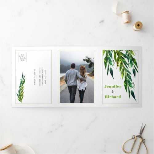 Eucalyptus branch in green color autumn wedding Tri_Fold invitation