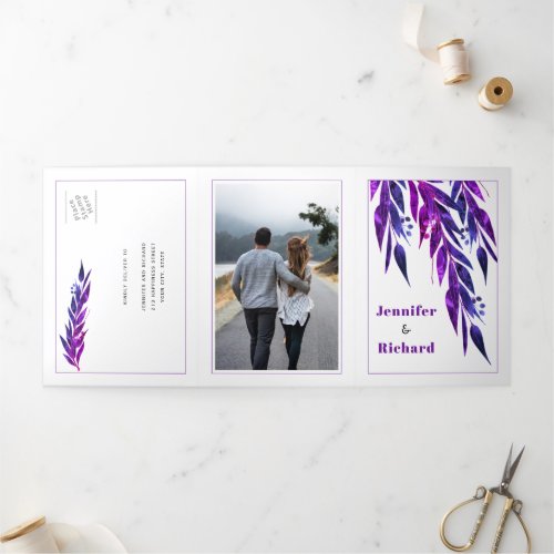 Eucalyptus branch in purple color autumn wedding Tri_Fold invitation