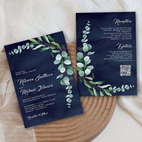 Eucalyptus Branch Navy Blue QR Code Wedding Invitation