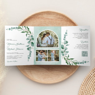 Eucalyptus Branch Photo Collage QR Code Wedding Tri-Fold Invitation