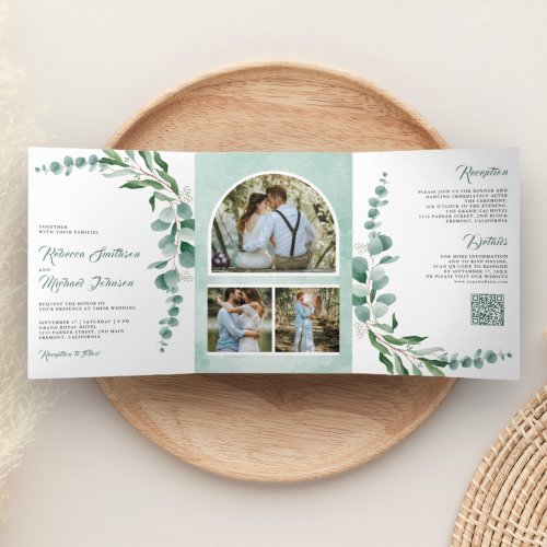 Eucalyptus Branch Photo Collage QR Code Wedding Tri_Fold Invitation