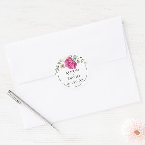 Eucalyptus branch pink rose flowers floral wedding classic round sticker