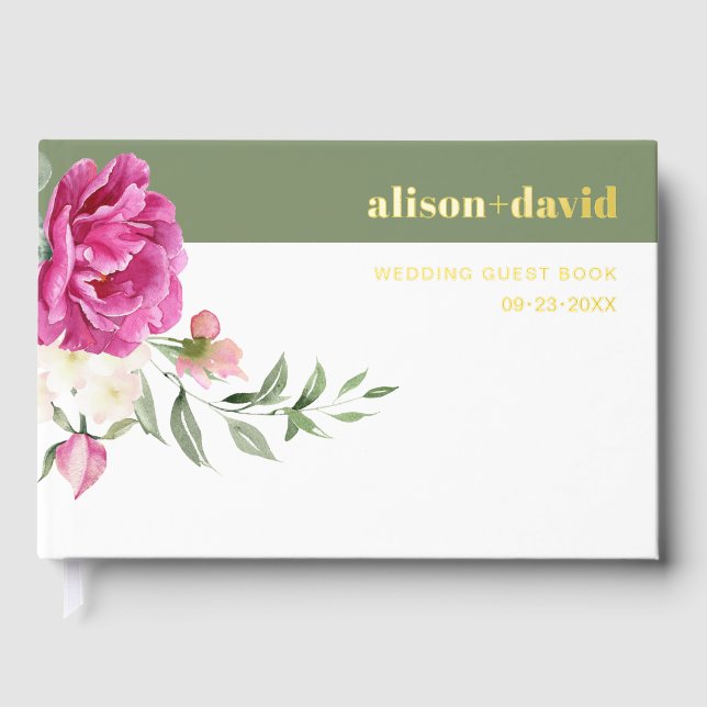 Eucalyptus branch pink rose flowers wedding foil foil guest book  (Front)