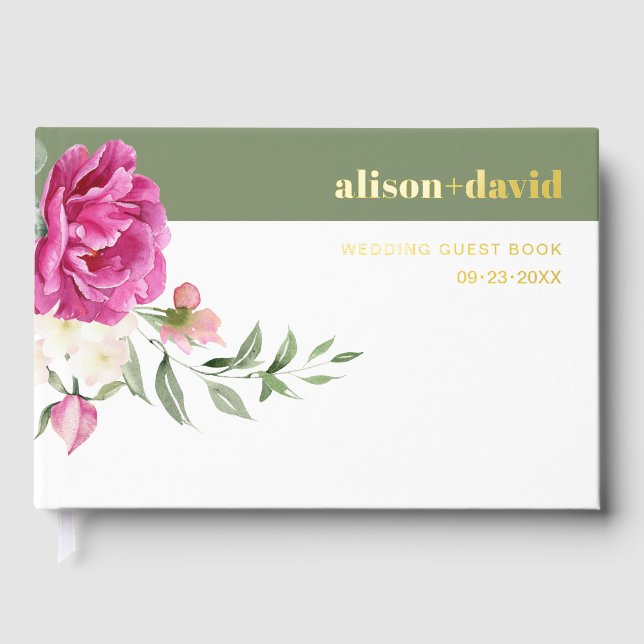 Eucalyptus branch pink rose flowers wedding foil guest book  (Front)