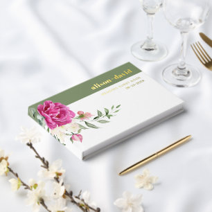 Eucalyptus branch pink rose flowers wedding foil guest book 