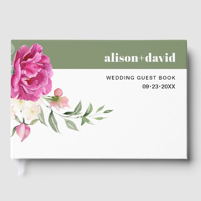 Eucalyptus branch pink rose flowers wedding guest book (Front)
