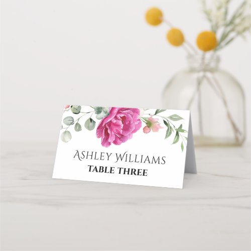 Eucalyptus branch pink rose flowers wedding place card