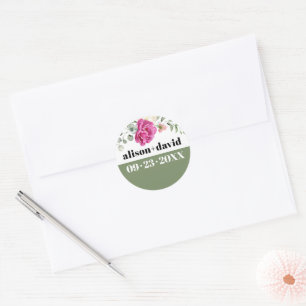 Eucalyptus branch pink rose white flowers wedding  classic round sticker