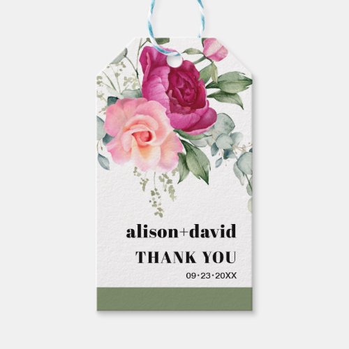 Eucalyptus branch pink roses typography wedding gift tags