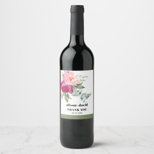 Eucalyptus branch pink roses typography wedding wine label