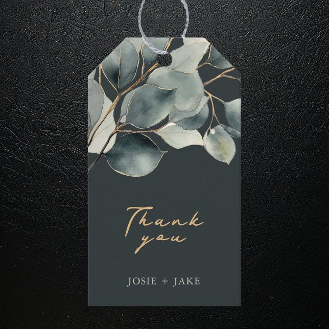 Eucalyptus branch pretty leaves wedding favor tag (Dark green and gold Eucalyptus branch pretty leaves wedding favor tag)