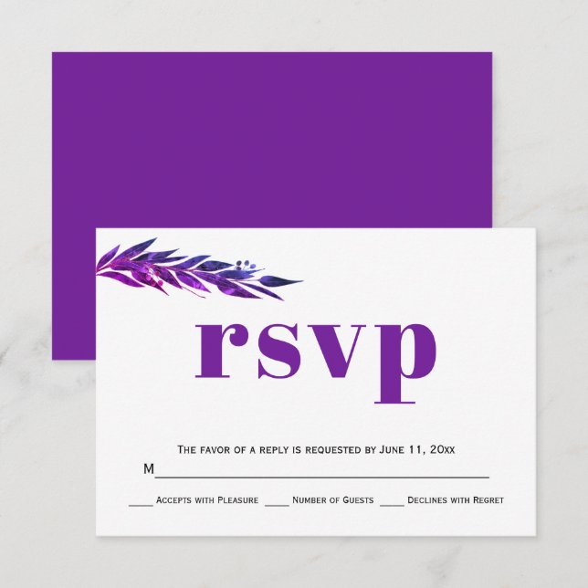 Eucalyptus branch purple color wedding RSVP card (Front/Back)