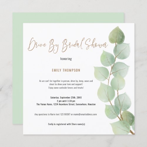 Eucalyptus Branch Script Drive By Bridal Shower Invitation