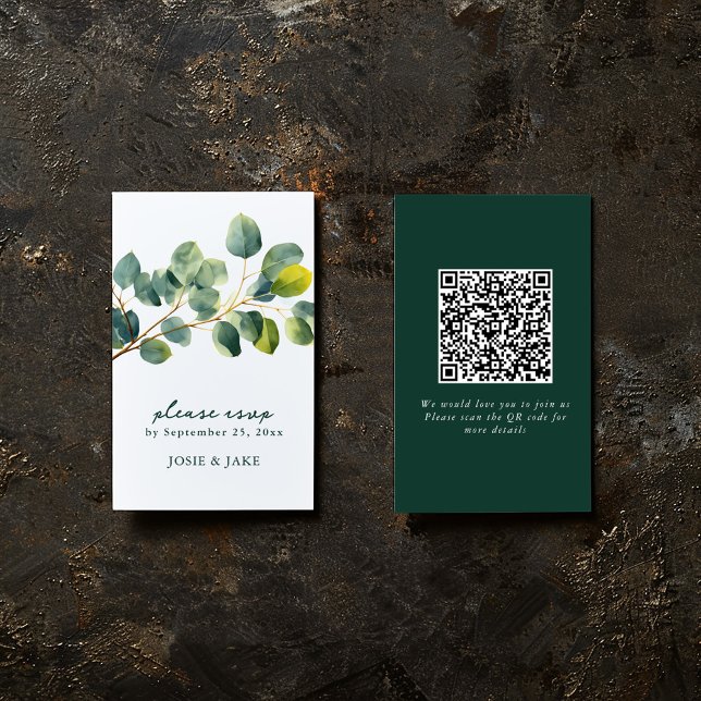 Eucalyptus branch wedding qr code rsvp enclosure (Eucalyptus wedding RSVP card with watercolor branch and QR code for online response.)
